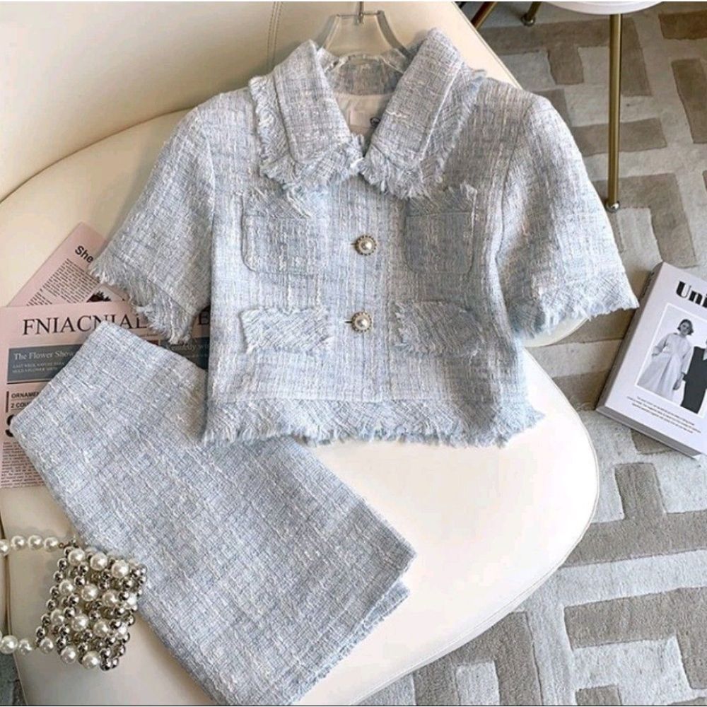 Shein Youth Size 5 Two‎ Piece Preppy Short Sleeve Blue Polyester Skirt Set